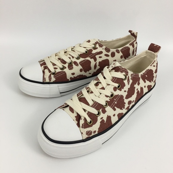 Olive Miller Brown White Cow Print Low Sneaker 8 - Picture 2 of 7